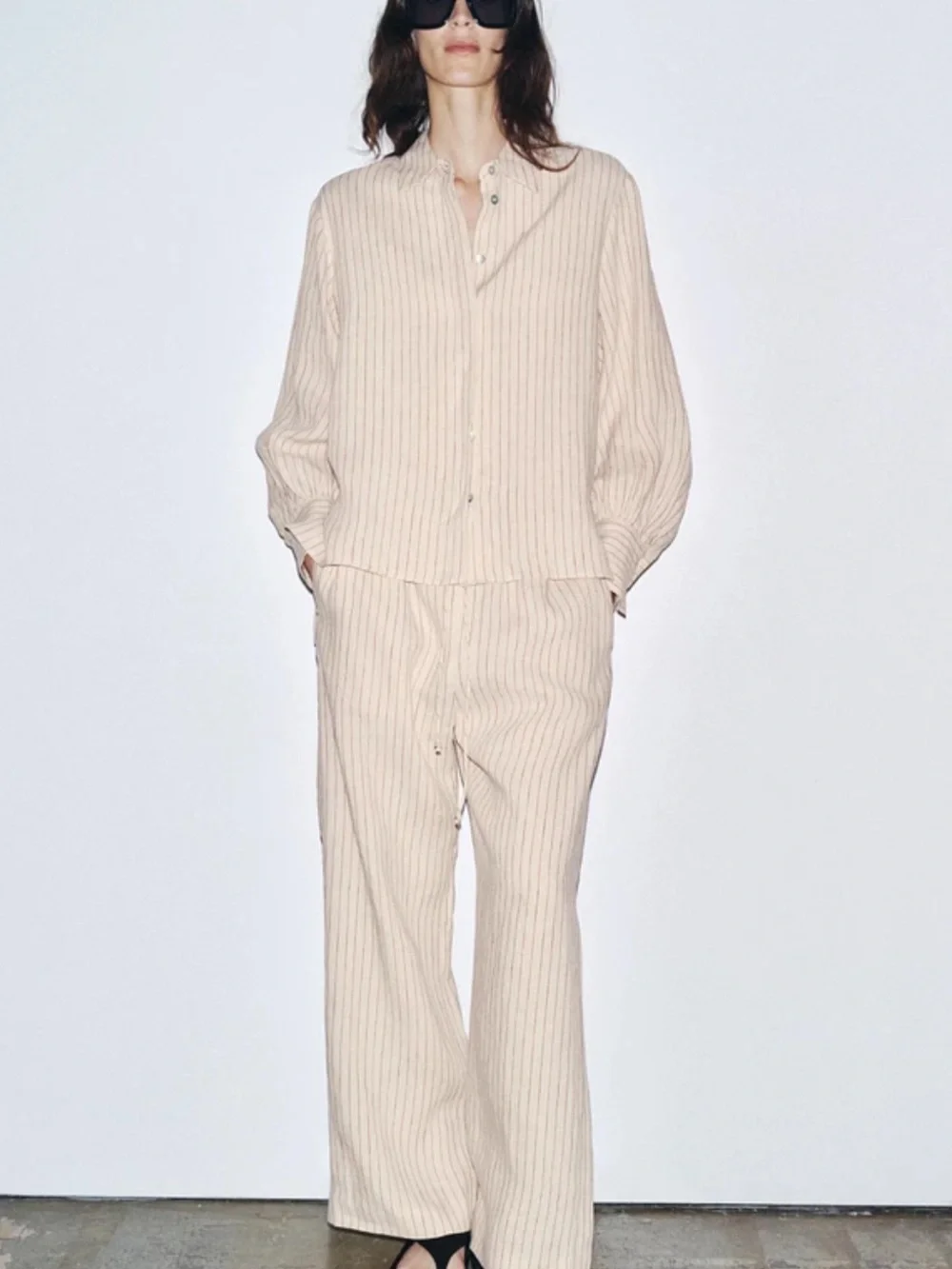Zara 100% linen Beige Pinstripe Wide-Leg Pants and Blouse Set